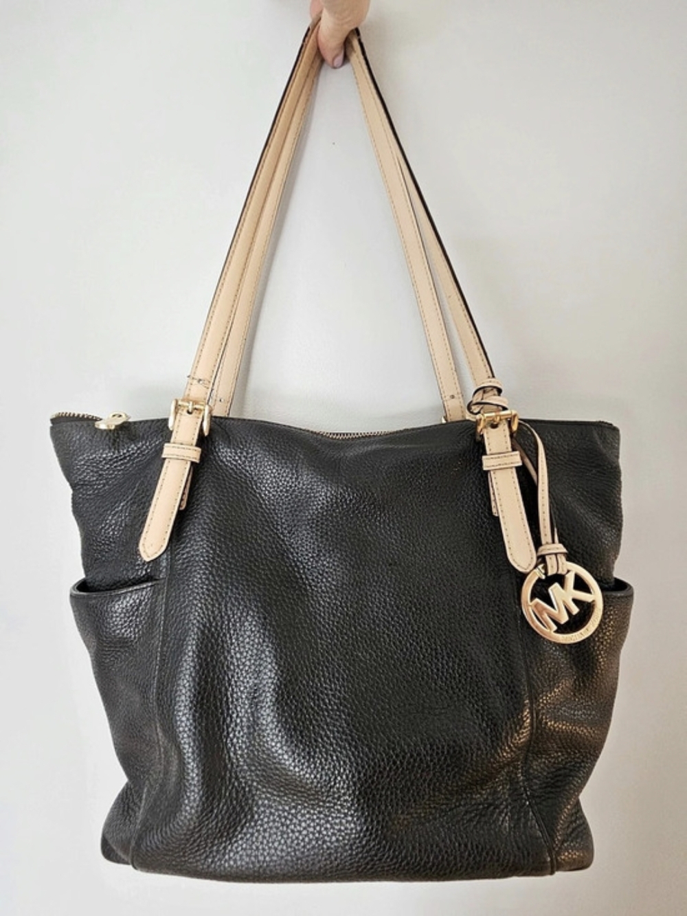 Michael Kors Bedford Medium Top Zip Pocket Tote Black & Beige